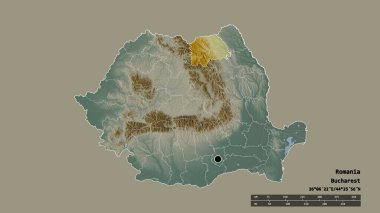 Romanya 'nın başkenti, ana bölgesel bölünmesi ve ayrılmış Suceava bölgesiyle dejenere bir şekli var. Etiketler. Topografik yardım haritası. 3B görüntüleme