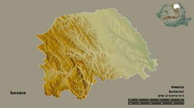 Romanya 'nın Suceava ilçesinin başkenti sağlam bir zemin üzerinde izole edilmiştir. Uzaklık ölçeği, bölge önizlemesi ve etiketleri. Topografik yardım haritası. 3B görüntüleme