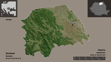 Suceava, Romanya 'nın başkenti ve başkenti. Uzaklık ölçeği, ön gösterimler ve etiketler. Uydu görüntüleri. 3B görüntüleme
