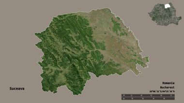 Romanya 'nın Suceava ilçesinin başkenti sağlam bir zemin üzerinde izole edilmiştir. Uzaklık ölçeği, bölge önizlemesi ve etiketleri. Uydu görüntüleri. 3B görüntüleme