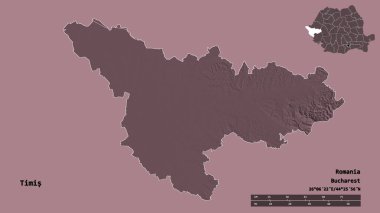 Romanya 'nın Timis ilçesi, başkenti sağlam bir zemin üzerinde izole edilmiş durumda. Uzaklık ölçeği, bölge önizlemesi ve etiketleri. Renkli yükseklik haritası. 3B görüntüleme