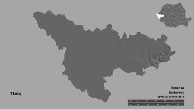 Romanya 'nın Timis ilçesi, başkenti sağlam bir zemin üzerinde izole edilmiş durumda. Uzaklık ölçeği, bölge önizlemesi ve etiketleri. Çift seviyeli yükseklik haritası. 3B görüntüleme