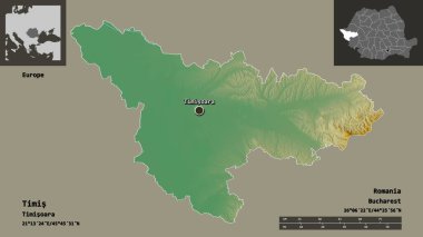 Romanya 'nın Timis ilçesi ve başkenti. Uzaklık ölçeği, ön gösterimler ve etiketler. Topografik yardım haritası. 3B görüntüleme