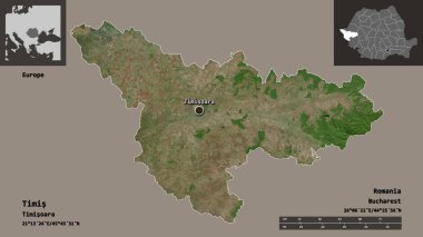 Romanya 'nın Timis ilçesi ve başkenti. Uzaklık ölçeği, ön gösterimler ve etiketler. Uydu görüntüleri. 3B görüntüleme