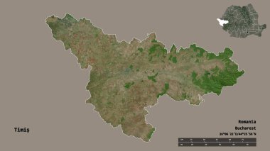 Romanya 'nın Timis ilçesi, başkenti sağlam bir zemin üzerinde izole edilmiş durumda. Uzaklık ölçeği, bölge önizlemesi ve etiketleri. Uydu görüntüleri. 3B görüntüleme