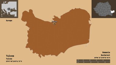 Romanya 'nın Tulcea ilçesi ve başkenti. Uzaklık ölçeği, ön gösterimler ve etiketler. Düzenli desenli dokuların bileşimi. 3B görüntüleme