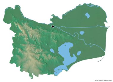 Romanya 'nın Tulcea ilçesi, başkenti beyaz arka planda izole edilmiş. Topografik yardım haritası. 3B görüntüleme