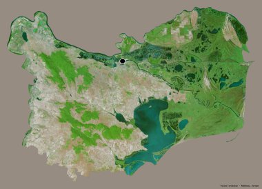 Romanya 'nın Tulcea ilçesi, başkenti katı renk arka planına izole edilmiş durumda. Uydu görüntüleri. 3B görüntüleme