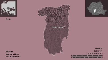Romanya 'nın Valcea ilçesi ve başkenti. Uzaklık ölçeği, ön gösterimler ve etiketler. Renkli yükseklik haritası. 3B görüntüleme