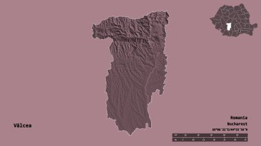 Romanya 'nın Valcea ilçesinin başkenti sağlam bir zemin üzerinde izole edilmiştir. Uzaklık ölçeği, bölge önizlemesi ve etiketleri. Renkli yükseklik haritası. 3B görüntüleme
