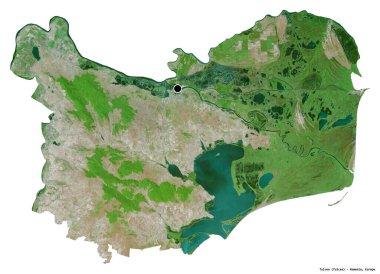 Romanya 'nın Tulcea ilçesi, başkenti beyaz arka planda izole edilmiş. Uydu görüntüleri. 3B görüntüleme