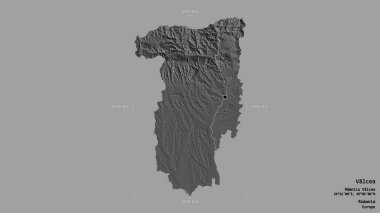 Romanya 'nın Valcea ilçesi, jeoreferatlı bir sınır kutusunun sağlam bir arka planında izole edilmiş. Etiketler. Çift seviyeli yükseklik haritası. 3B görüntüleme