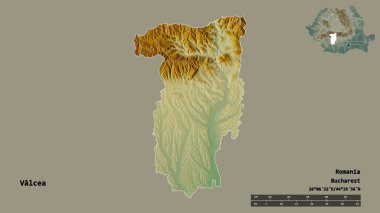 Romanya 'nın Valcea ilçesinin başkenti sağlam bir zemin üzerinde izole edilmiştir. Uzaklık ölçeği, bölge önizlemesi ve etiketleri. Topografik yardım haritası. 3B görüntüleme