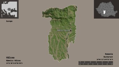 Romanya 'nın Valcea ilçesi ve başkenti. Uzaklık ölçeği, ön gösterimler ve etiketler. Uydu görüntüleri. 3B görüntüleme