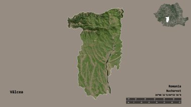 Romanya 'nın Valcea ilçesinin başkenti sağlam bir zemin üzerinde izole edilmiştir. Uzaklık ölçeği, bölge önizlemesi ve etiketleri. Uydu görüntüleri. 3B görüntüleme