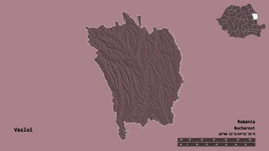 Romanya 'nın Vaslui ilçesi, başkenti sağlam bir zemin üzerinde izole edilmiş durumda. Uzaklık ölçeği, bölge önizlemesi ve etiketleri. Renkli yükseklik haritası. 3B görüntüleme