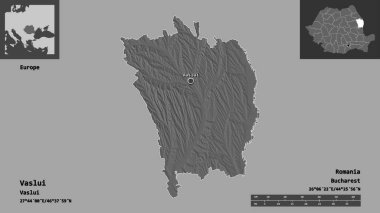 Romanya 'nın Vaslui ilçesi ve başkenti. Uzaklık ölçeği, ön gösterimler ve etiketler. Çift seviyeli yükseklik haritası. 3B görüntüleme