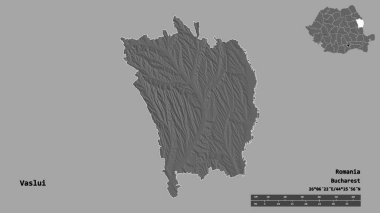 Romanya 'nın Vaslui ilçesi, başkenti sağlam bir zemin üzerinde izole edilmiş durumda. Uzaklık ölçeği, bölge önizlemesi ve etiketleri. Çift seviyeli yükseklik haritası. 3B görüntüleme