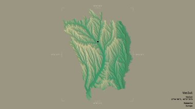 Romanya 'nın Vaslui ilçesi bir jeoreferatlı sınır kutusunun sağlam bir arka planında izole edilmiş durumda. Etiketler. Topografik yardım haritası. 3B görüntüleme