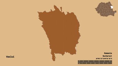 Romanya 'nın Vaslui ilçesi, başkenti sağlam bir zemin üzerinde izole edilmiş durumda. Uzaklık ölçeği, bölge önizlemesi ve etiketleri. Düzenli desenli dokuların bileşimi. 3B görüntüleme