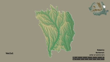 Romanya 'nın Vaslui ilçesi, başkenti sağlam bir zemin üzerinde izole edilmiş durumda. Uzaklık ölçeği, bölge önizlemesi ve etiketleri. Topografik yardım haritası. 3B görüntüleme