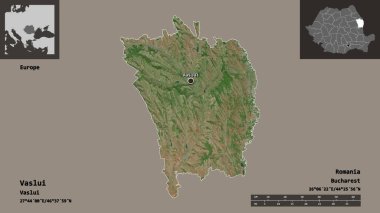 Romanya 'nın Vaslui ilçesi ve başkenti. Uzaklık ölçeği, ön gösterimler ve etiketler. Uydu görüntüleri. 3B görüntüleme