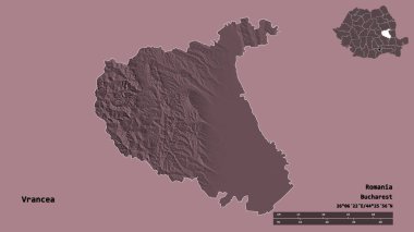 Romanya 'nın Vrancea ilçesi, başkenti sağlam bir zemin üzerinde izole edilmiş durumda. Uzaklık ölçeği, bölge önizlemesi ve etiketleri. Renkli yükseklik haritası. 3B görüntüleme