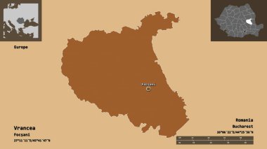 Romanya 'nın Vrancea ilçesi ve başkenti. Uzaklık ölçeği, ön gösterimler ve etiketler. Düzenli desenli dokuların bileşimi. 3B görüntüleme