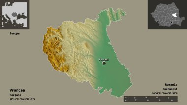 Romanya 'nın Vrancea ilçesi ve başkenti. Uzaklık ölçeği, ön gösterimler ve etiketler. Topografik yardım haritası. 3B görüntüleme