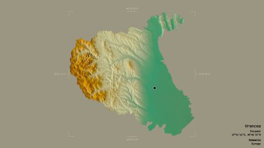 Romanya 'nın Vrancea ilçesi, jeoreferatlı bir sınır kutusunun sağlam bir arka planında izole edilmiş. Etiketler. Topografik yardım haritası. 3B görüntüleme
