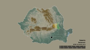 Romanya 'nın başkenti, ana bölgesel bölünmesi ve bölünmüş Vrancea alanıyla dejenere olmuş hali. Etiketler. Topografik yardım haritası. 3B görüntüleme