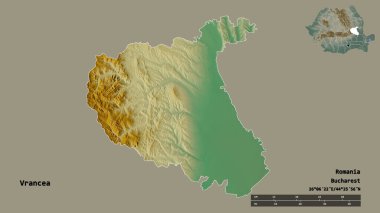Romanya 'nın Vrancea ilçesi, başkenti sağlam bir zemin üzerinde izole edilmiş durumda. Uzaklık ölçeği, bölge önizlemesi ve etiketleri. Topografik yardım haritası. 3B görüntüleme