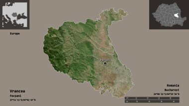 Romanya 'nın Vrancea ilçesi ve başkenti. Uzaklık ölçeği, ön gösterimler ve etiketler. Uydu görüntüleri. 3B görüntüleme