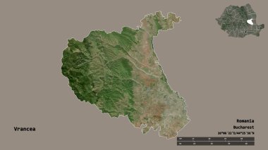 Romanya 'nın Vrancea ilçesi, başkenti sağlam bir zemin üzerinde izole edilmiş durumda. Uzaklık ölçeği, bölge önizlemesi ve etiketleri. Uydu görüntüleri. 3B görüntüleme
