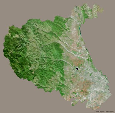 Romanya 'nın Vrancea ilçesi, başkenti katı renk arka planına izole edilmiş durumda. Uydu görüntüleri. 3B görüntüleme