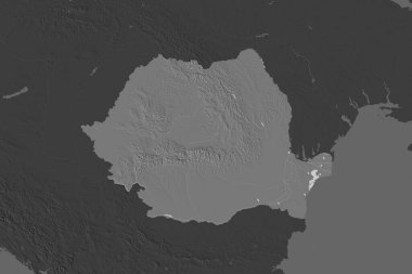 Romanya 'nın şekli, komşu bölgelerin doygunluğunun azalmasıyla ayrıldı. Çift seviyeli yükseklik haritası. 3B görüntüleme