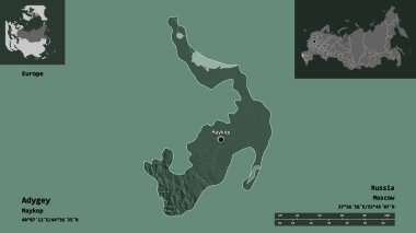 Rusya Cumhuriyeti ve başkenti Adigey 'in şeklidir. Uzaklık ölçeği, ön gösterimler ve etiketler. Renkli yükseklik haritası. 3B görüntüleme