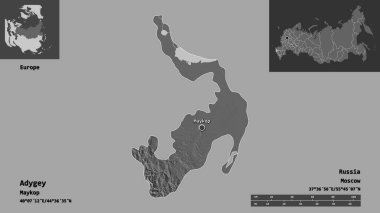 Rusya Cumhuriyeti ve başkenti Adigey 'in şeklidir. Uzaklık ölçeği, ön gösterimler ve etiketler. Çift seviyeli yükseklik haritası. 3B görüntüleme