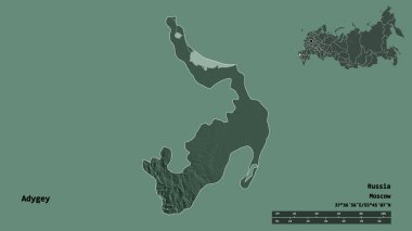 Rusya Cumhuriyeti 'nin başkenti sağlam bir arka planda izole edilmiş Adigey şeklidir. Uzaklık ölçeği, bölge önizlemesi ve etiketleri. Renkli yükseklik haritası. 3B görüntüleme