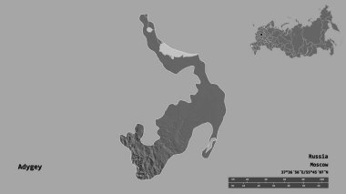 Rusya Cumhuriyeti 'nin başkenti sağlam bir arka planda izole edilmiş Adigey şeklidir. Uzaklık ölçeği, bölge önizlemesi ve etiketleri. Çift seviyeli yükseklik haritası. 3B görüntüleme