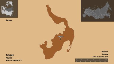 Rusya Cumhuriyeti ve başkenti Adigey 'in şeklidir. Uzaklık ölçeği, ön gösterimler ve etiketler. Düzenli desenli dokuların bileşimi. 3B görüntüleme