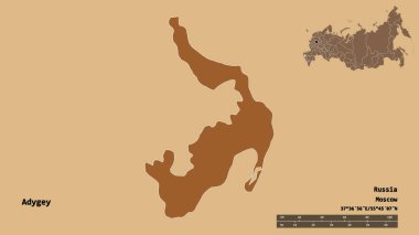 Rusya Cumhuriyeti 'nin başkenti sağlam bir arka planda izole edilmiş Adigey şeklidir. Uzaklık ölçeği, bölge önizlemesi ve etiketleri. Düzenli desenli dokuların bileşimi. 3B görüntüleme