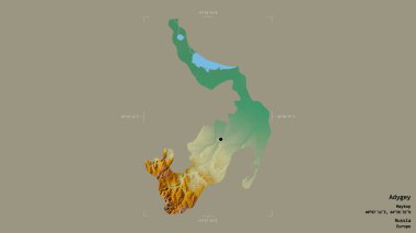 Rusya Cumhuriyeti 'nin Adigey bölgesi, jeoreferatlı bir sınır kutusunda sağlam bir arka planda izole edilmiş. Etiketler. Topografik yardım haritası. 3B görüntüleme