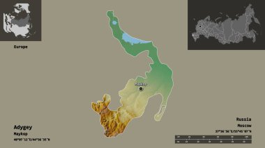Rusya Cumhuriyeti ve başkenti Adigey 'in şeklidir. Uzaklık ölçeği, ön gösterimler ve etiketler. Topografik yardım haritası. 3B görüntüleme
