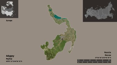 Rusya Cumhuriyeti ve başkenti Adigey 'in şeklidir. Uzaklık ölçeği, ön gösterimler ve etiketler. Uydu görüntüleri. 3B görüntüleme
