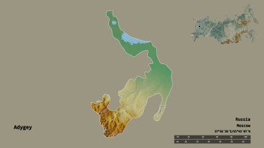 Rusya Cumhuriyeti 'nin başkenti sağlam bir arka planda izole edilmiş Adigey şeklidir. Uzaklık ölçeği, bölge önizlemesi ve etiketleri. Topografik yardım haritası. 3B görüntüleme