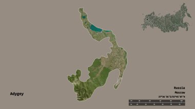 Rusya Cumhuriyeti 'nin başkenti sağlam bir arka planda izole edilmiş Adigey şeklidir. Uzaklık ölçeği, bölge önizlemesi ve etiketleri. Uydu görüntüleri. 3B görüntüleme