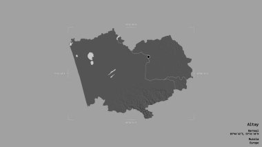 Altay bölgesi, Rusya toprakları, jeoreferatlı bir sınır kutusunda sağlam bir arka planda izole edilmiş. Etiketler. Çift seviyeli yükseklik haritası. 3B görüntüleme