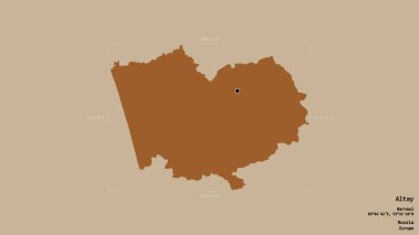 Altay bölgesi, Rusya toprakları, jeoreferatlı bir sınır kutusunda sağlam bir arka planda izole edilmiş. Etiketler. Desenli dokuların bileşimi. 3B görüntüleme