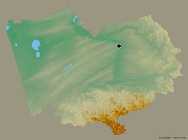 Altay 'ın şekli, Rusya toprağı, başkenti katı renk arkaplanı ile izole edilmiş. Topografik yardım haritası. 3B görüntüleme